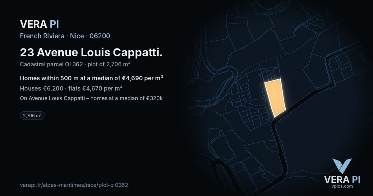 23 Avenue Louis Cappatti, Nice at night – the plot lit, the parcels around coloured by the prices near them