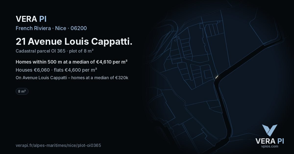 21 Avenue Louis Cappatti, Nice at night – the plot lit, the parcels around coloured by the prices near them