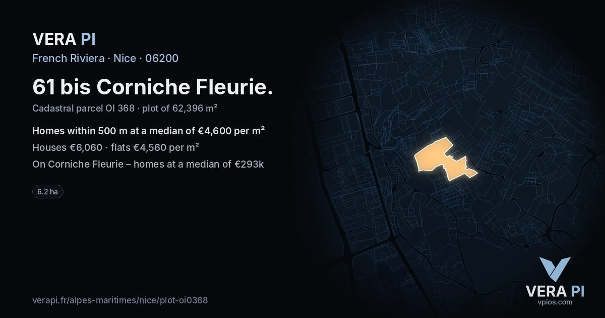 61 bis Corniche Fleurie, Nice at night – the plot lit, the parcels around coloured by the prices near them