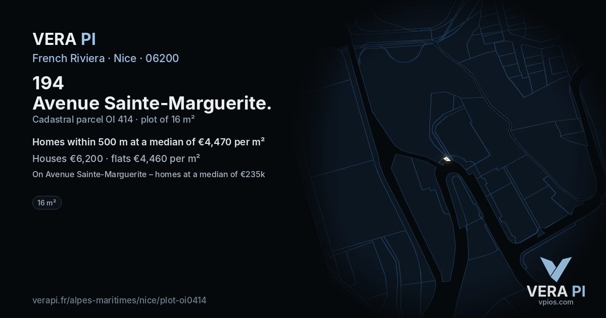 194 Avenue Sainte-Marguerite, Nice at night – the plot lit, the parcels around coloured by the prices near them