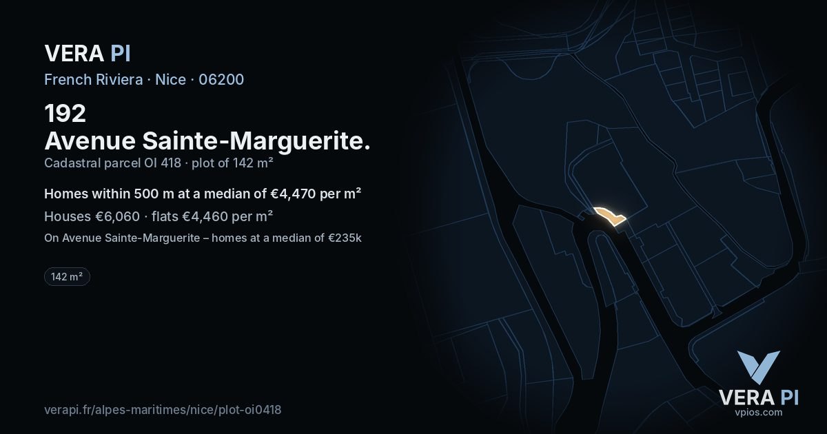 192 Avenue Sainte-Marguerite, Nice at night – the plot lit, the parcels around coloured by the prices near them
