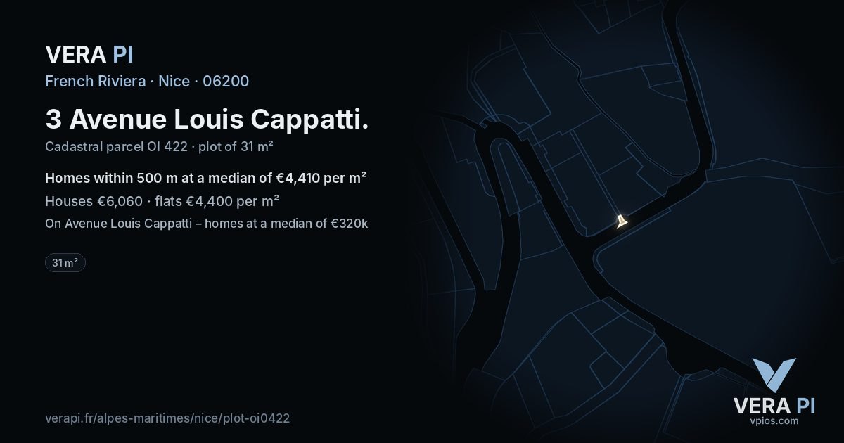 3 Avenue Louis Cappatti, Nice at night – the plot lit, the parcels around coloured by the prices near them
