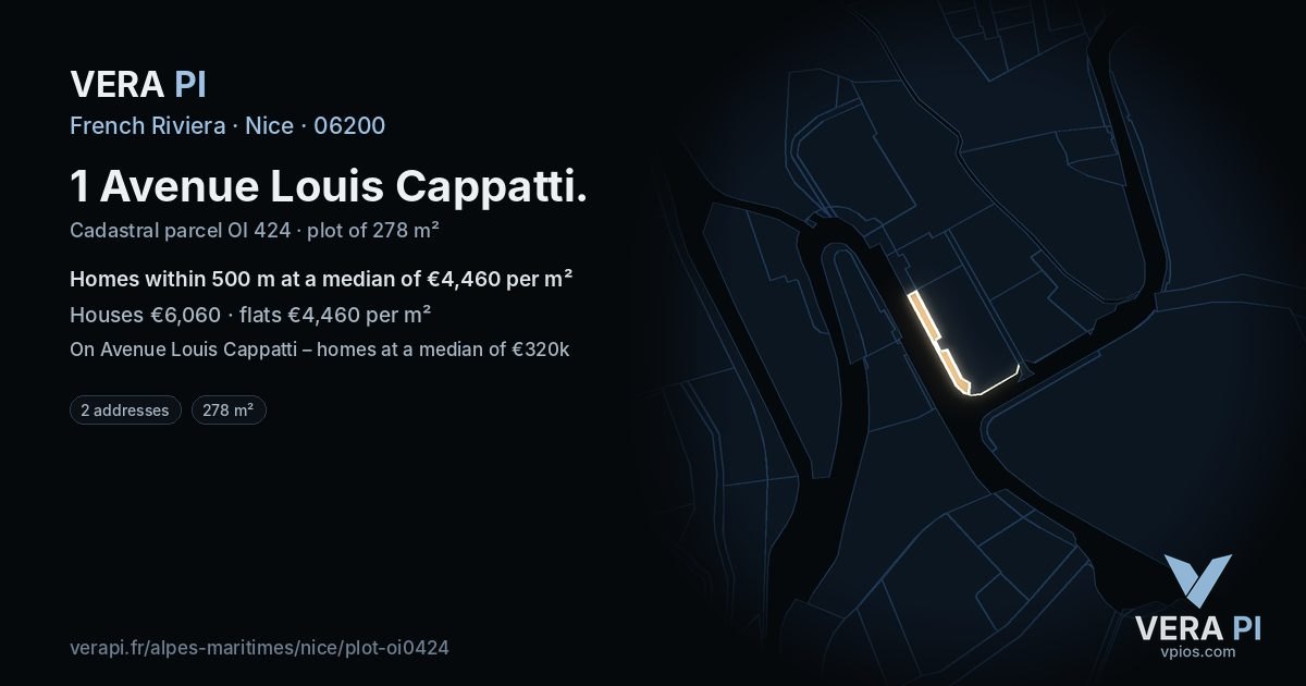 1 Avenue Louis Cappatti, Nice at night – the plot lit, the parcels around coloured by the prices near them