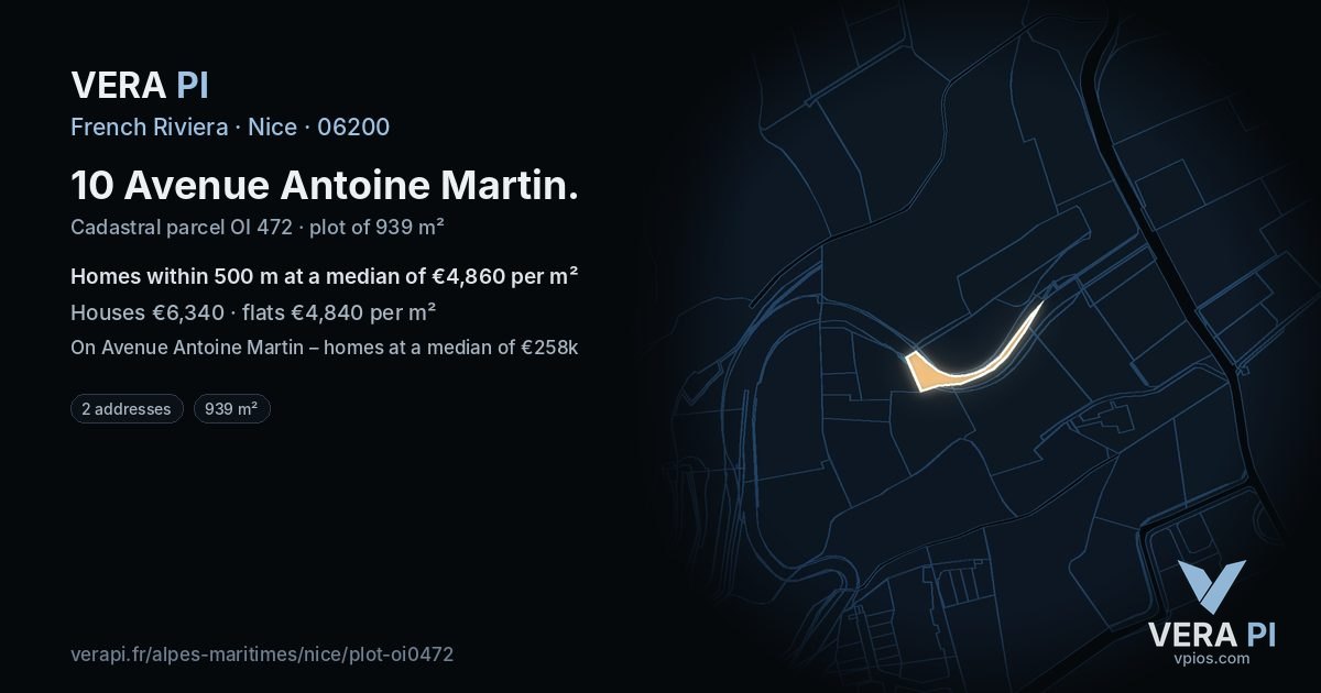 10 Avenue Antoine Martin, Nice at night – the plot lit, the parcels around coloured by the prices near them