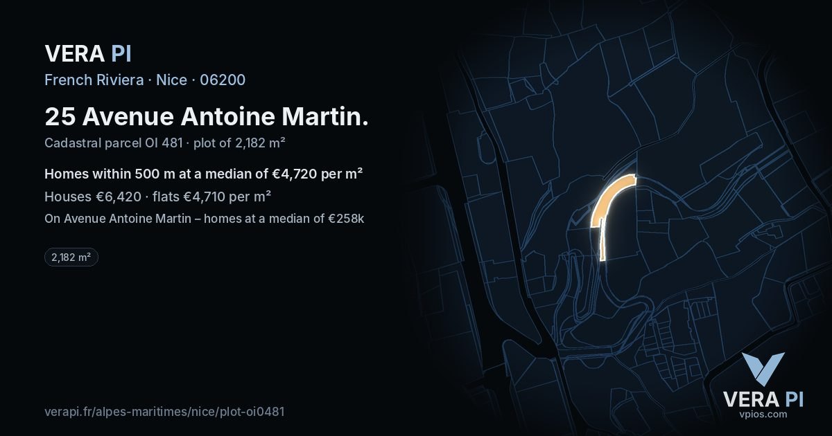 25 Avenue Antoine Martin, Nice at night – the plot lit, the parcels around coloured by the prices near them