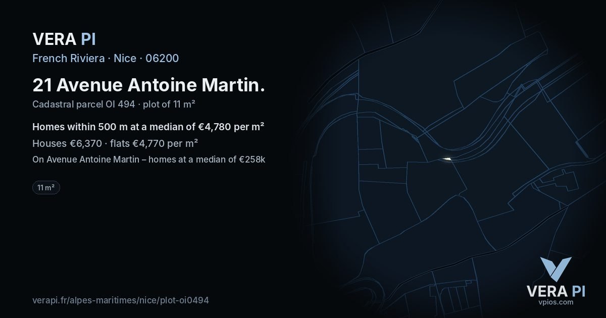 21 Avenue Antoine Martin, Nice at night – the plot lit, the parcels around coloured by the prices near them