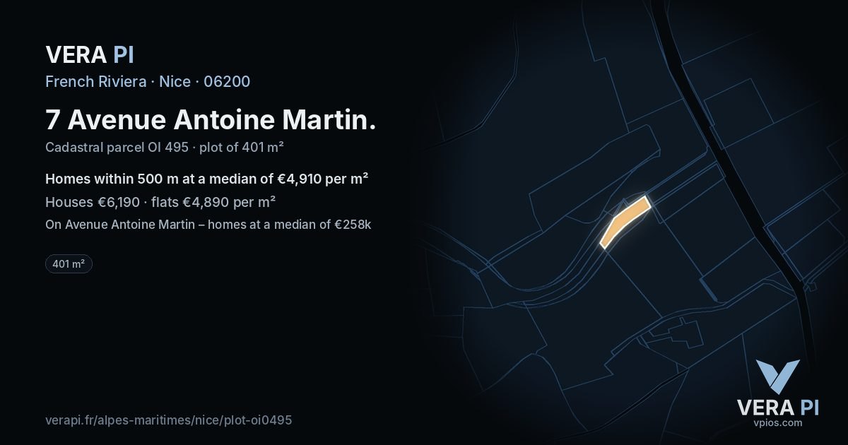 7 Avenue Antoine Martin, Nice at night – the plot lit, the parcels around coloured by the prices near them