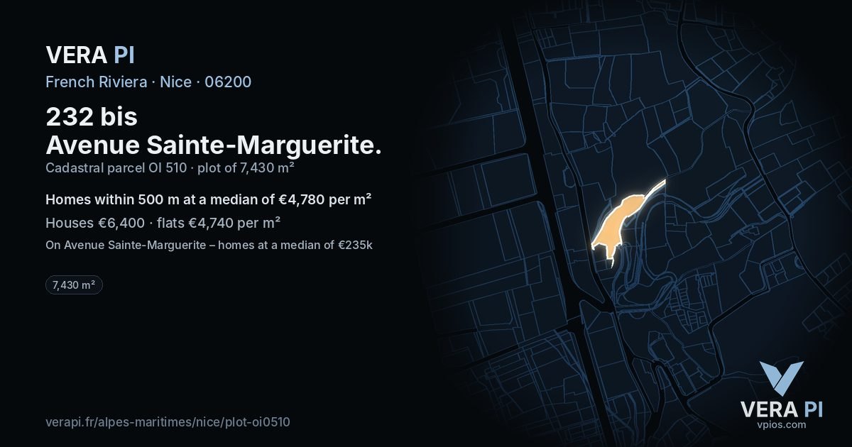 232 bis Avenue Sainte-Marguerite, Nice at night – the plot lit, the parcels around coloured by the prices near them