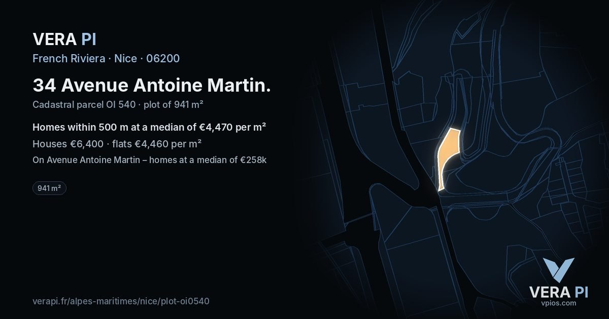 34 Avenue Antoine Martin, Nice at night – the plot lit, the parcels around coloured by the prices near them