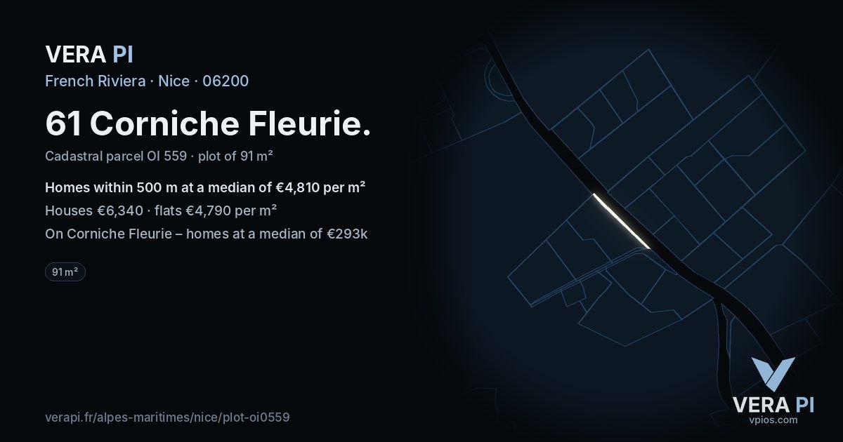 61 Corniche Fleurie, Nice at night – the plot lit, the parcels around coloured by the prices near them