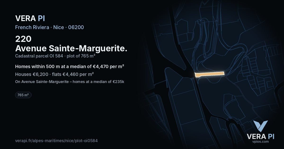 220 Avenue Sainte-Marguerite, Nice at night – the plot lit, the parcels around coloured by the prices near them