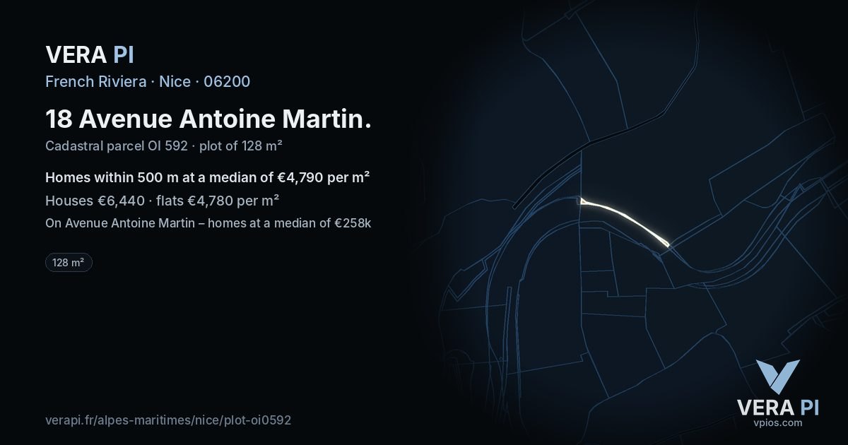 18 Avenue Antoine Martin, Nice at night – the plot lit, the parcels around coloured by the prices near them