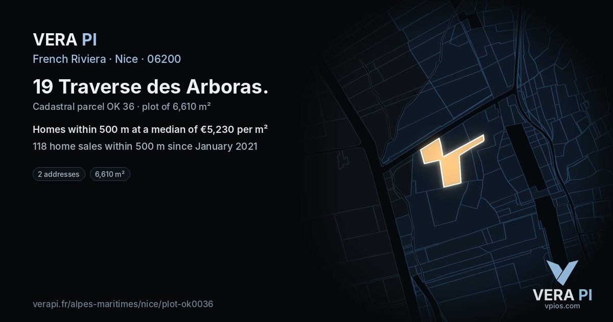 19 Traverse des Arboras, Nice at night – the plot lit, the parcels around coloured by the prices near them