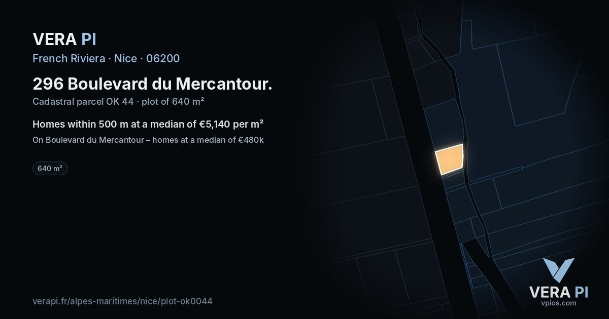 296 Boulevard du Mercantour, Nice at night – the plot lit, the parcels around coloured by the prices near them