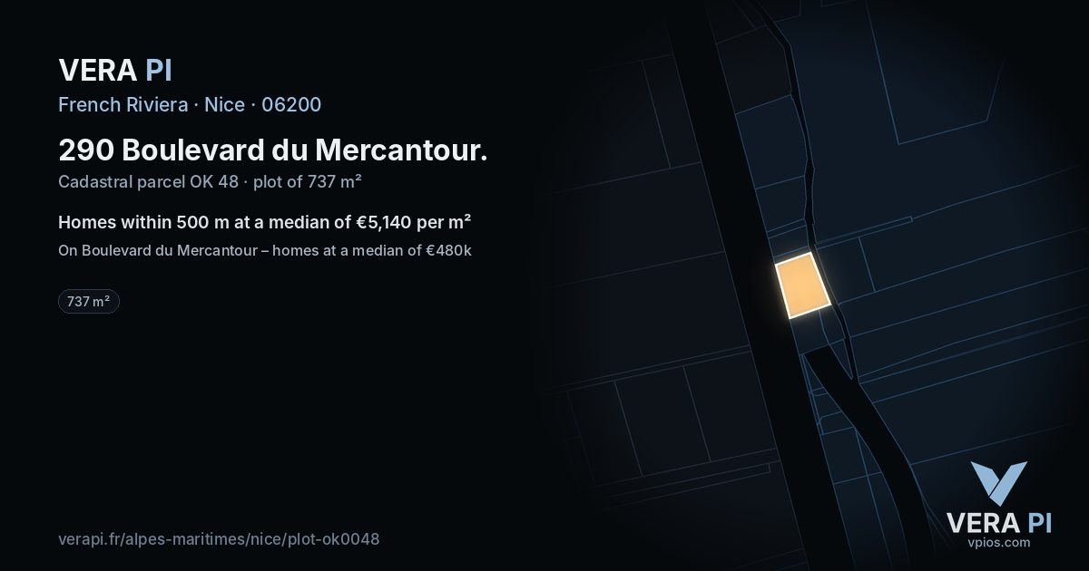 290 Boulevard du Mercantour, Nice at night – the plot lit, the parcels around coloured by the prices near them