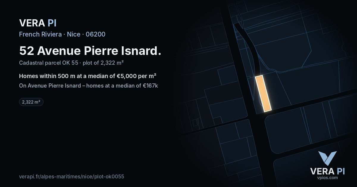 52 Avenue Pierre Isnard, Nice at night – the plot lit, the parcels around coloured by the prices near them