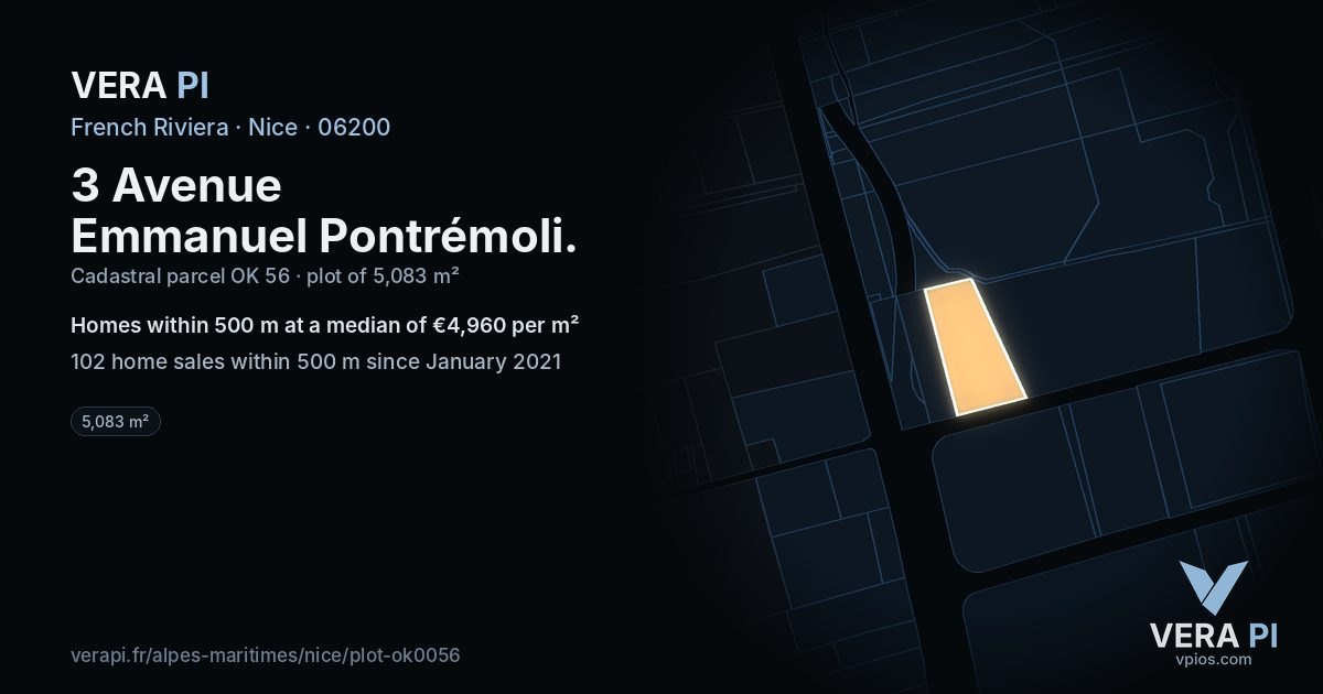 3 Avenue Emmanuel Pontrémoli, Nice at night – the plot lit, the parcels around coloured by the prices near them