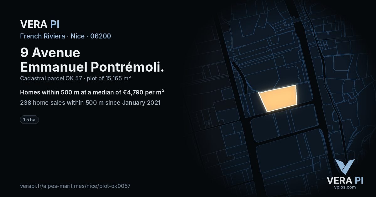 9 Avenue Emmanuel Pontrémoli, Nice at night – the plot lit, the parcels around coloured by the prices near them