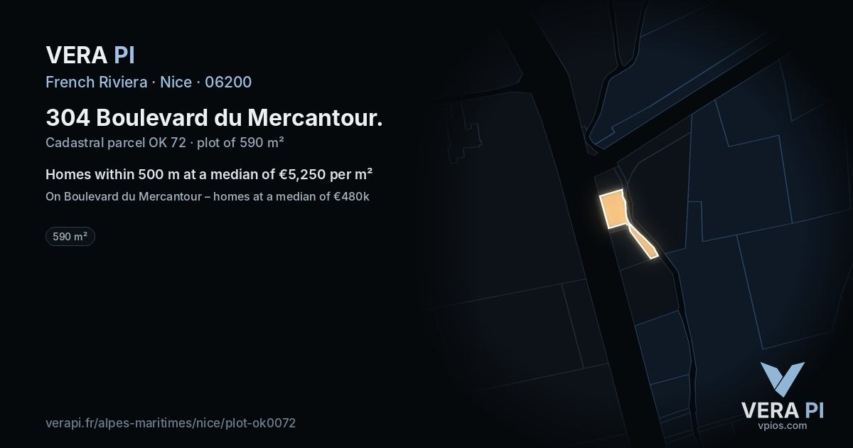 304 Boulevard du Mercantour, Nice at night – the plot lit, the parcels around coloured by the prices near them