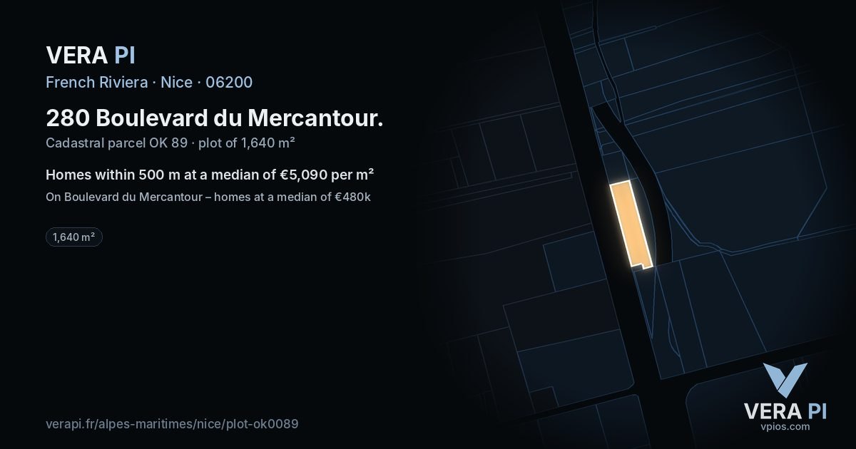 280 Boulevard du Mercantour, Nice at night – the plot lit, the parcels around coloured by the prices near them