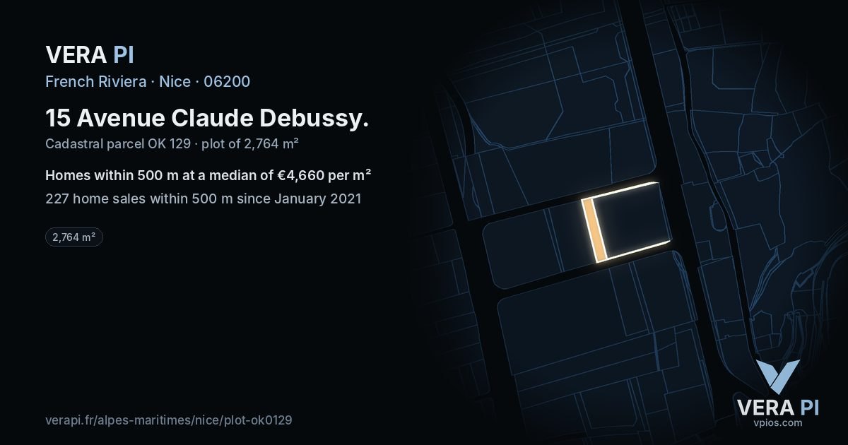 15 Avenue Claude Debussy, Nice at night – the plot lit, the parcels around coloured by the prices near them
