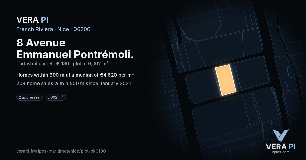 8 Avenue Emmanuel Pontrémoli, Nice at night – the plot lit, the parcels around coloured by the prices near them