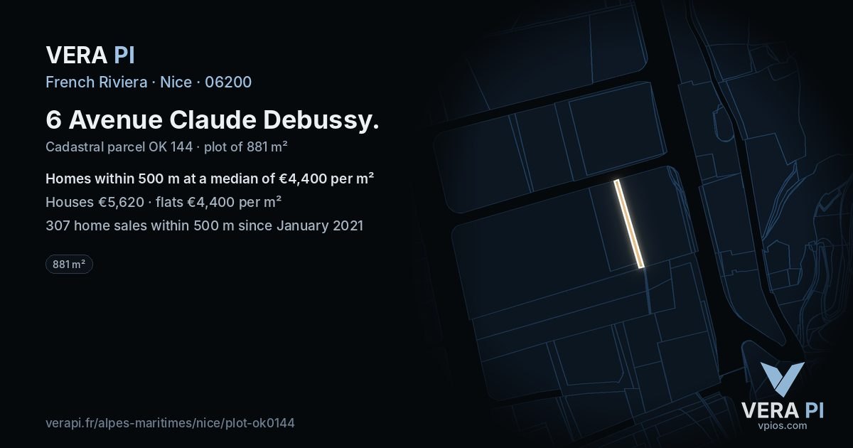 6 Avenue Claude Debussy, Nice at night – the plot lit, the parcels around coloured by the prices near them