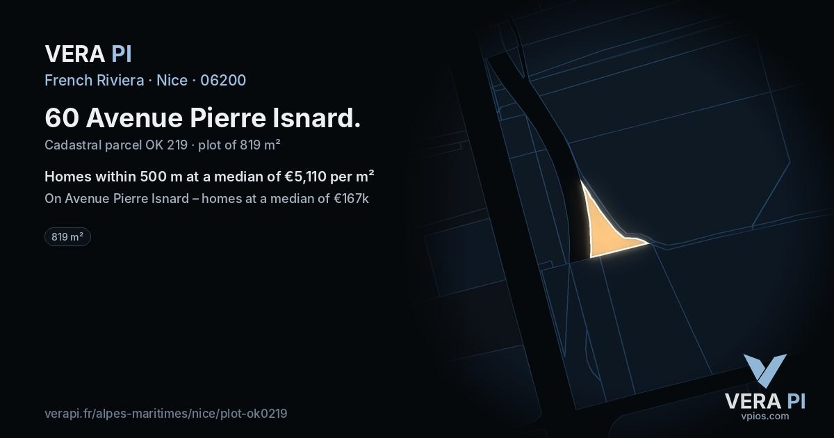 60 Avenue Pierre Isnard, Nice at night – the plot lit, the parcels around coloured by the prices near them