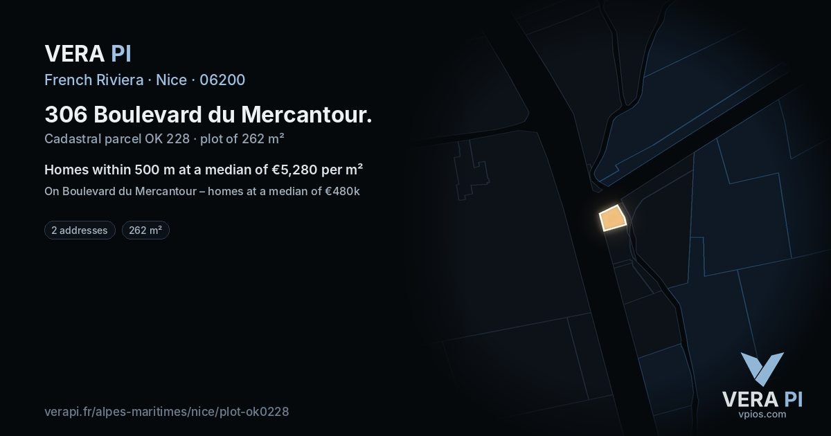 306 Boulevard du Mercantour, Nice at night – the plot lit, the parcels around coloured by the prices near them
