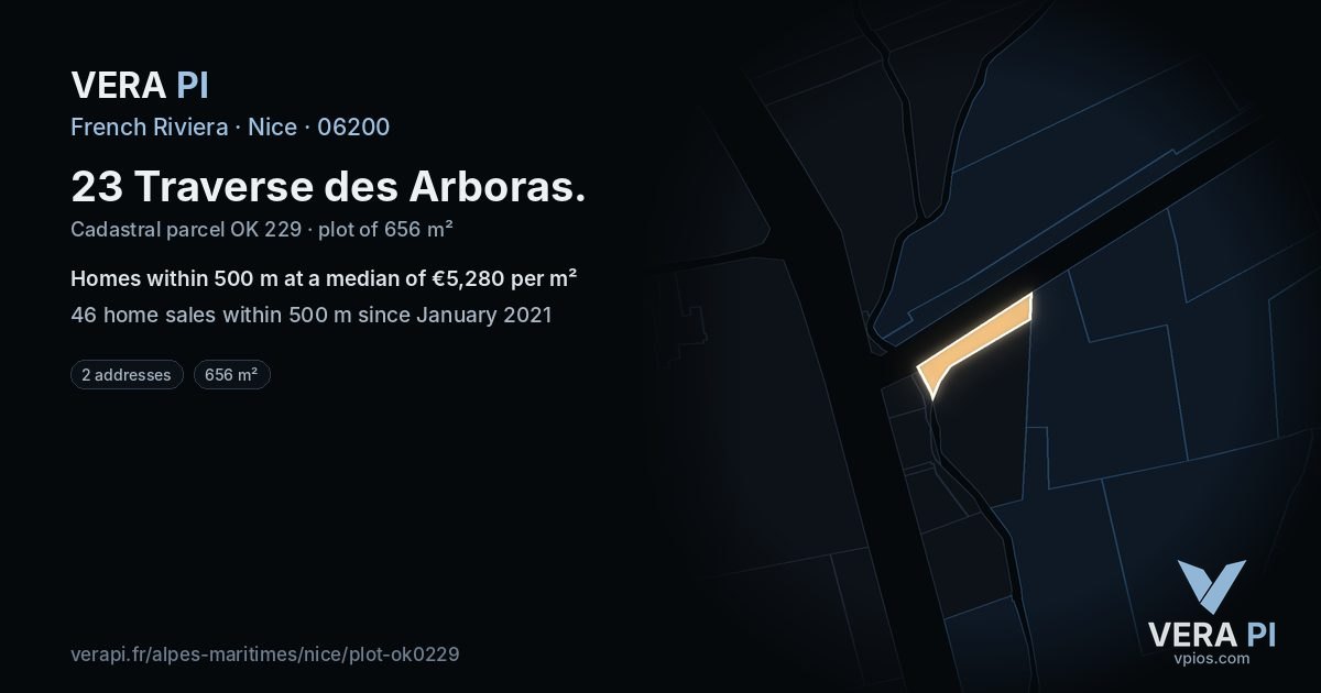 23 Traverse des Arboras, Nice at night – the plot lit, the parcels around coloured by the prices near them