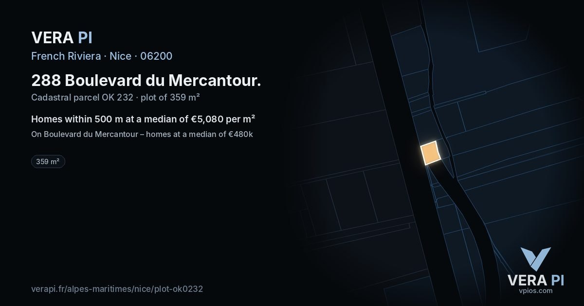 288 Boulevard du Mercantour, Nice at night – the plot lit, the parcels around coloured by the prices near them
