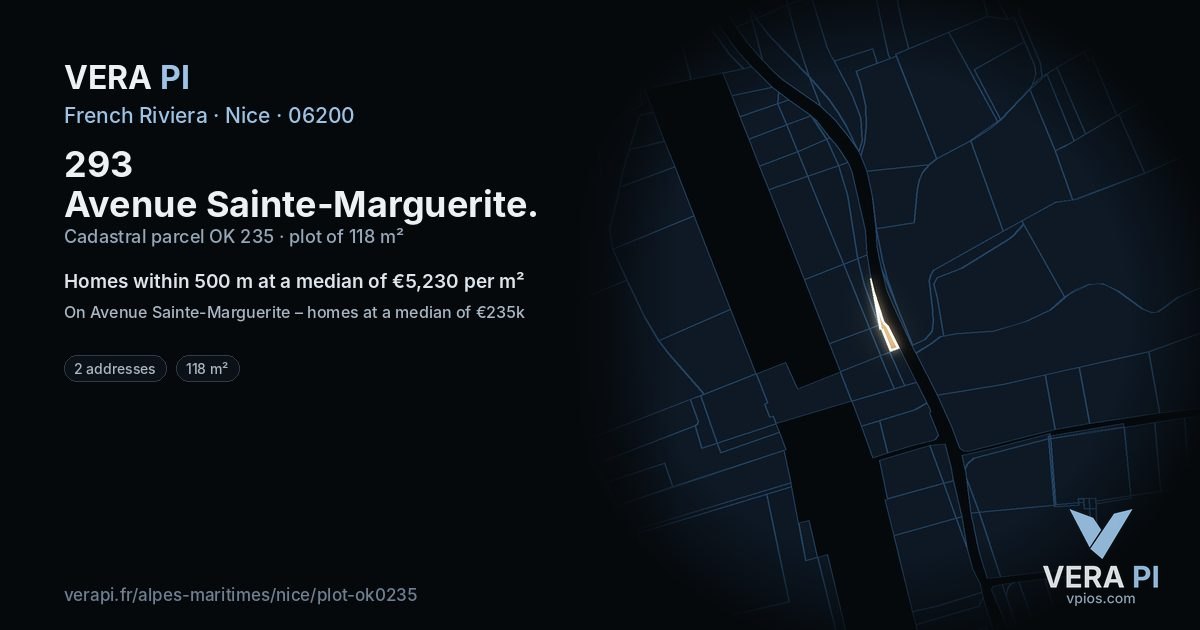 293 Avenue Sainte-Marguerite, Nice at night – the plot lit, the parcels around coloured by the prices near them