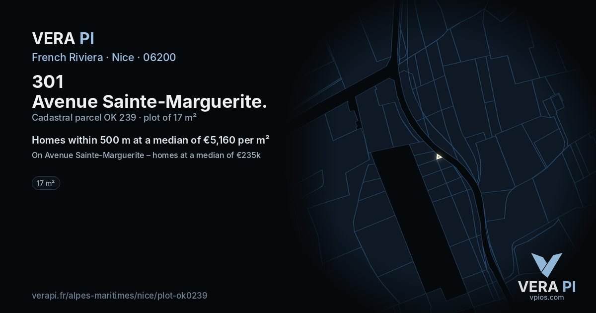 301 Avenue Sainte-Marguerite, Nice at night – the plot lit, the parcels around coloured by the prices near them