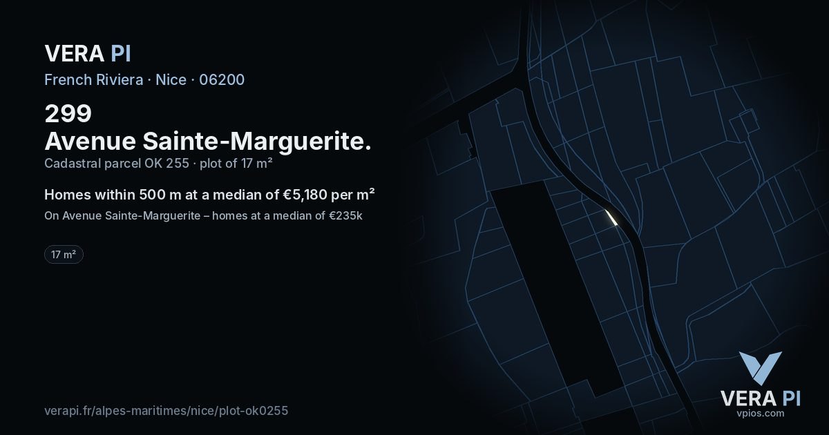 299 Avenue Sainte-Marguerite, Nice at night – the plot lit, the parcels around coloured by the prices near them