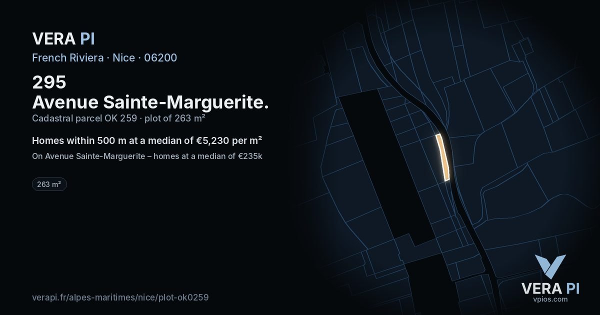 295 Avenue Sainte-Marguerite, Nice at night – the plot lit, the parcels around coloured by the prices near them