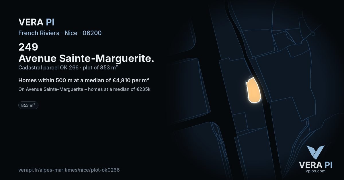 249 Avenue Sainte-Marguerite, Nice at night – the plot lit, the parcels around coloured by the prices near them