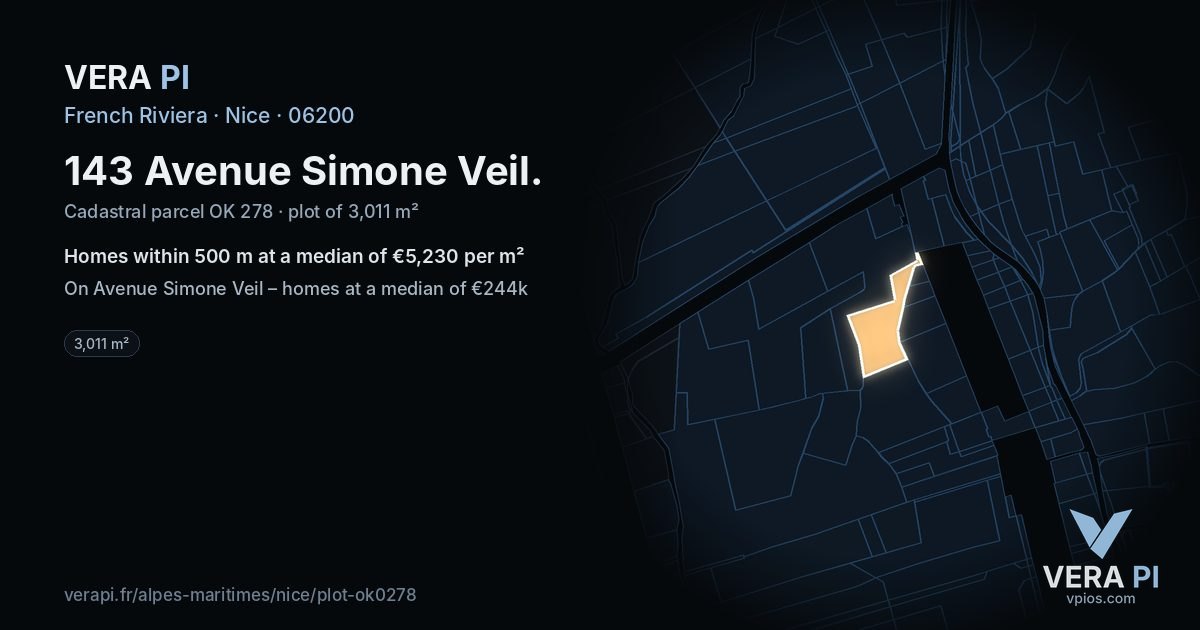 143 Avenue Simone Veil, Nice at night – the plot lit, the parcels around coloured by the prices near them