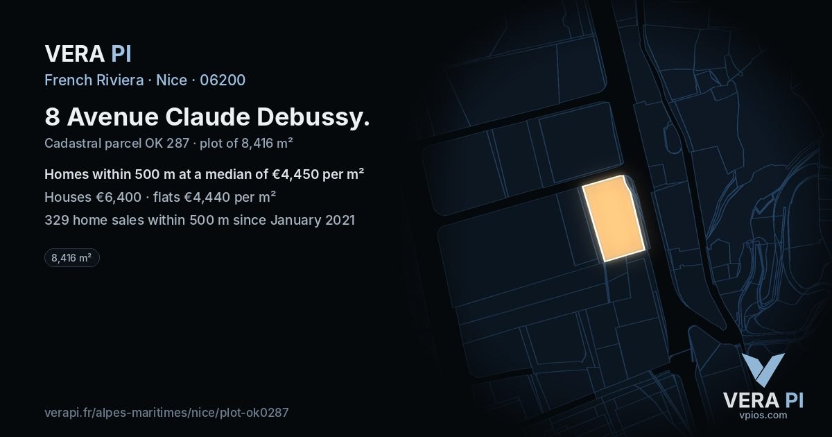 8 Avenue Claude Debussy, Nice at night – the plot lit, the parcels around coloured by the prices near them