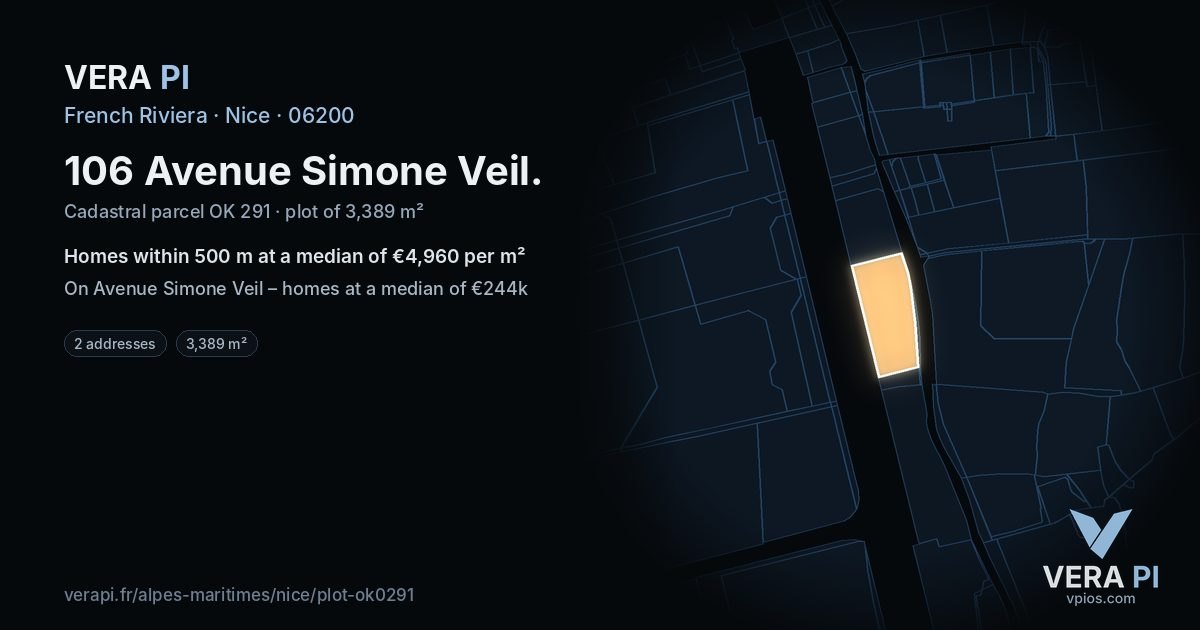 106 Avenue Simone Veil, Nice at night – the plot lit, the parcels around coloured by the prices near them