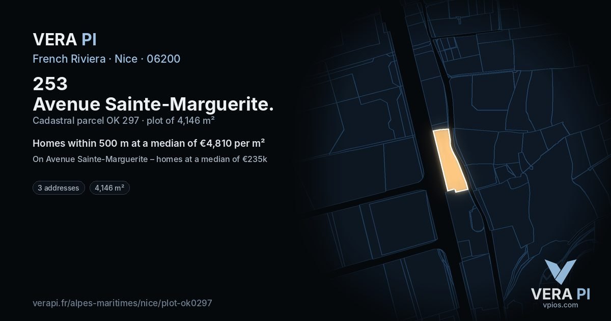 253 Avenue Sainte-Marguerite, Nice at night – the plot lit, the parcels around coloured by the prices near them