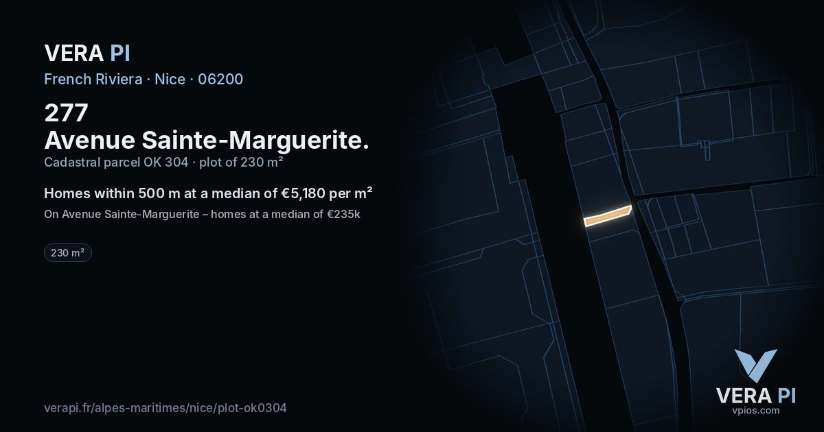 277 Avenue Sainte-Marguerite, Nice at night – the plot lit, the parcels around coloured by the prices near them