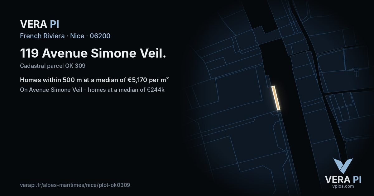 119 Avenue Simone Veil, Nice at night – the plot lit, the parcels around coloured by the prices near them