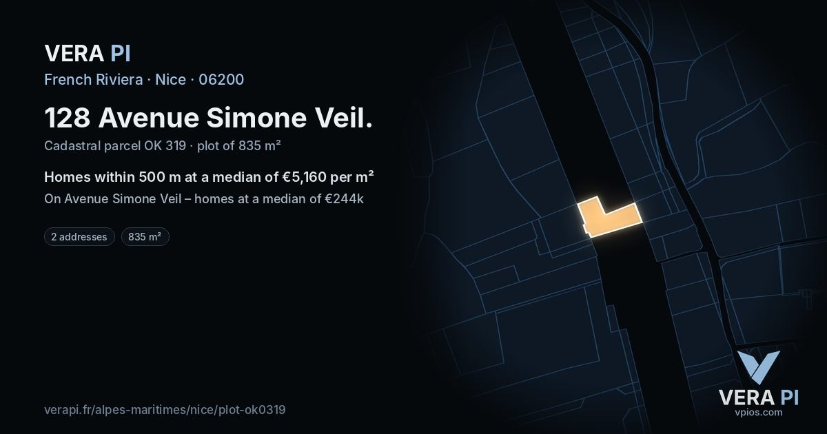 128 Avenue Simone Veil, Nice at night – the plot lit, the parcels around coloured by the prices near them