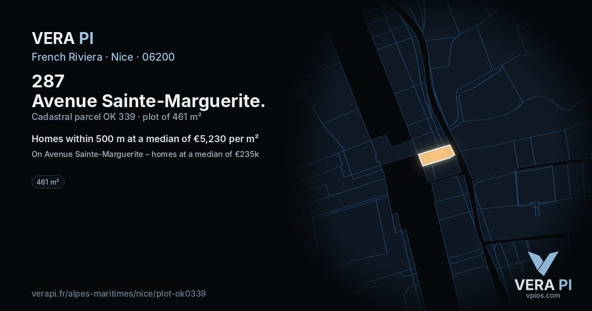 287 Avenue Sainte-Marguerite, Nice at night – the plot lit, the parcels around coloured by the prices near them