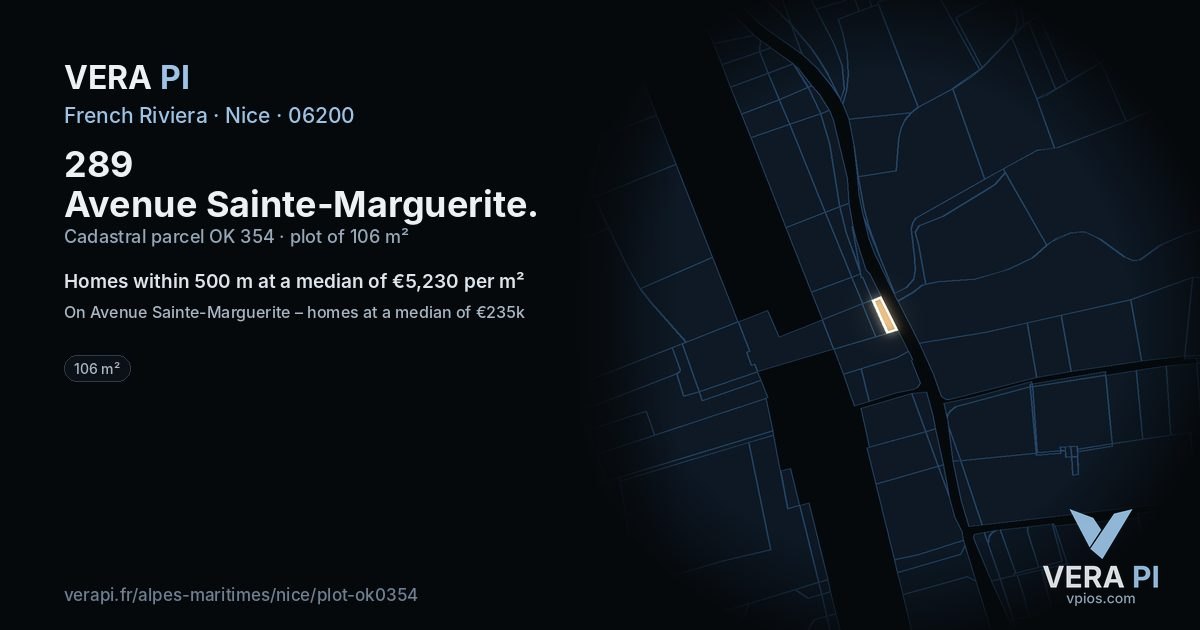 289 Avenue Sainte-Marguerite, Nice at night – the plot lit, the parcels around coloured by the prices near them