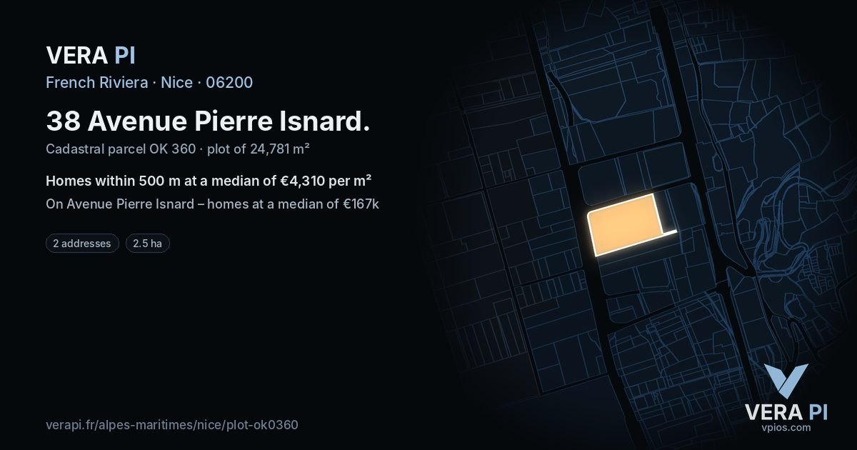 38 Avenue Pierre Isnard, Nice at night – the plot lit, the parcels around coloured by the prices near them