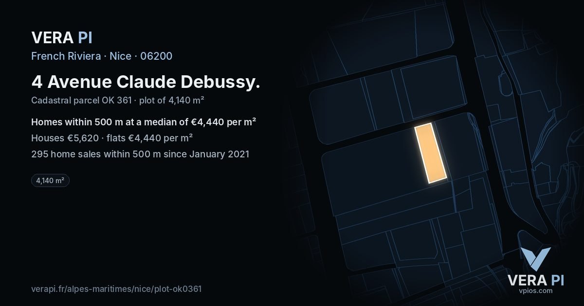 4 Avenue Claude Debussy, Nice at night – the plot lit, the parcels around coloured by the prices near them