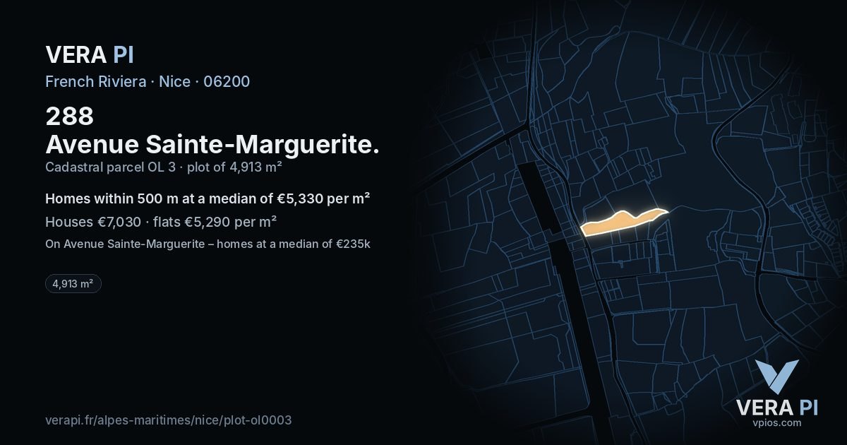 288 Avenue Sainte-Marguerite, Nice at night – the plot lit, the parcels around coloured by the prices near them
