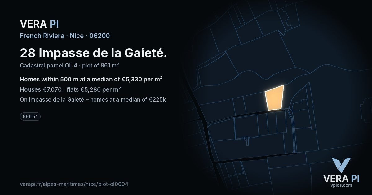 28 Impasse de la Gaieté, Nice at night – the plot lit, the parcels around coloured by the prices near them