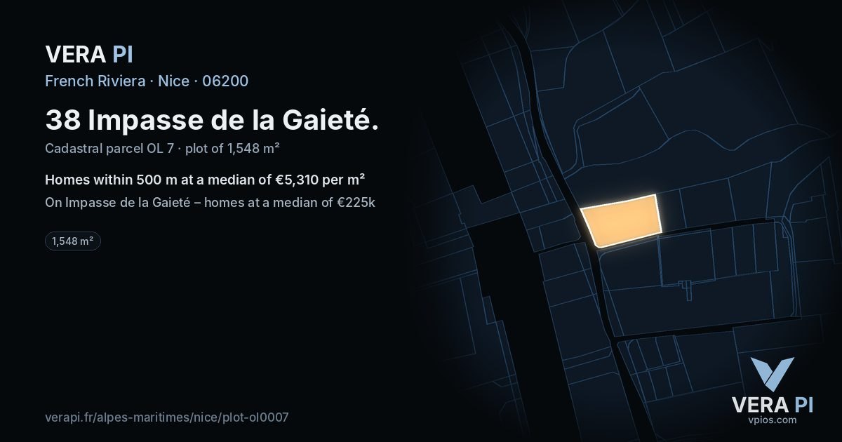 38 Impasse de la Gaieté, Nice at night – the plot lit, the parcels around coloured by the prices near them